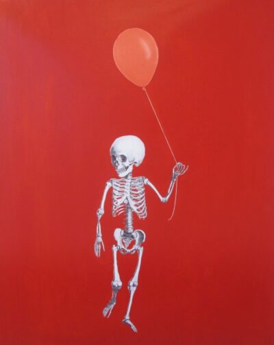 "Esqueleto con globo rojo"